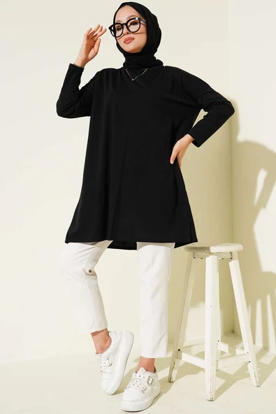 Yan Yırtmaçlı Basic Tunik Siyah - Resim 2