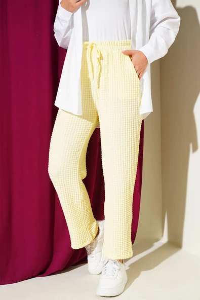 Beli Lastikli Gofre Pantolon Sarı - Resim 2