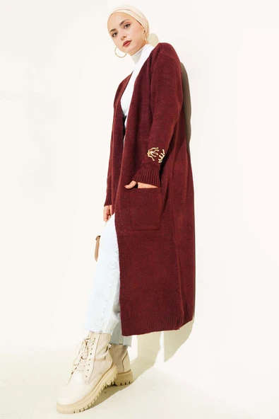 Cepli Uzun Triko Hırka Bordo - Resim 2