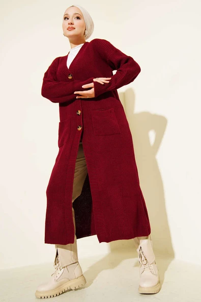 Düğmeli Cepli Uzun Triko Hırka Bordo - Resim 2