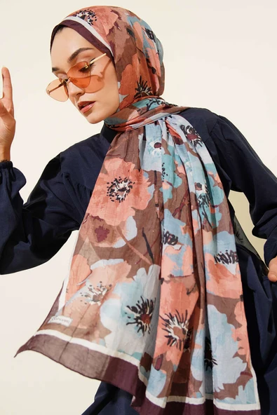 Çiçek Desenli Soft Bambu Kraş Şal Acı Kahve ürün görseli 1