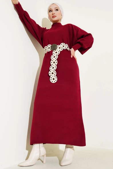 Balon Kol Triko Elbise Bordo ürün görseli 1