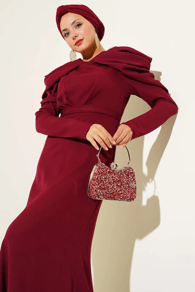 Omuz Büzgülü Dabıl Abiye Elbise Bordo - Resim 2