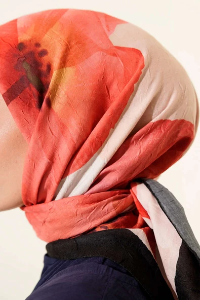 Çiçekli Şeritli Bambu Kraş Eşarp Siyah Bej - Resim 3