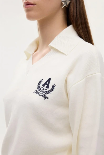 Quzu Gömlek Yaka Nakış Detaylı Kadın Triko Kazak - 3