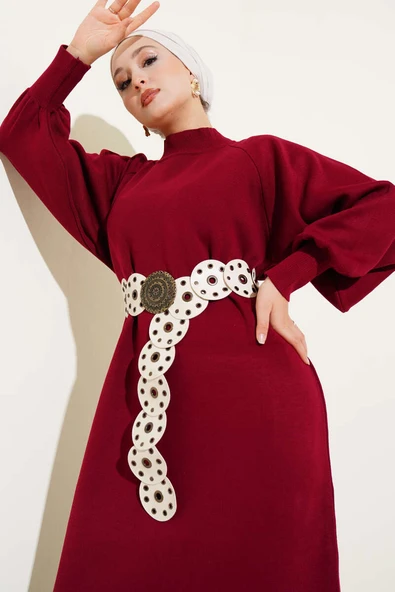 Balon Kol Triko Elbise Bordo - Resim 2