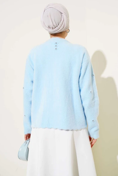 Taşlı Çiçek Düğmeli Sakallı Hırka Mavi - Resim 3