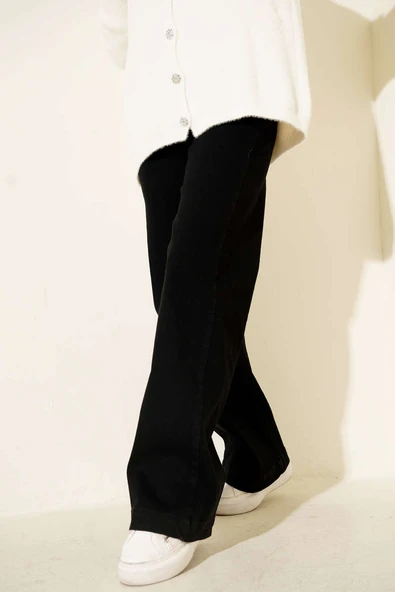 Önü Metal Düğmeli Bol Kot Pantolon Siyah - Resim 2