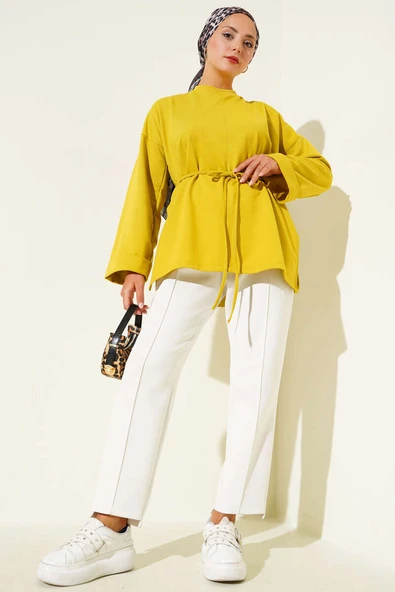 Duble Kol İp Bağcıklı Tunik Yağ Yeşili - Resim 2