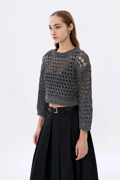 Quzu Sim Detaylı File Kadın Kazak - Resim 4