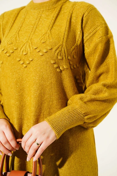 Kabartma Desen Yumoş Triko Tunik Yağ Yeşili - Resim 4