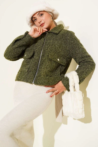 Çift Cepli Fermuarlı Kısa Ceket Haki ürün görseli 1