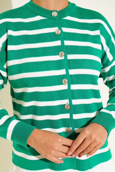 Çizgili Düğme Detaylı Kısa Triko Hırka Yeşil - Resim 4