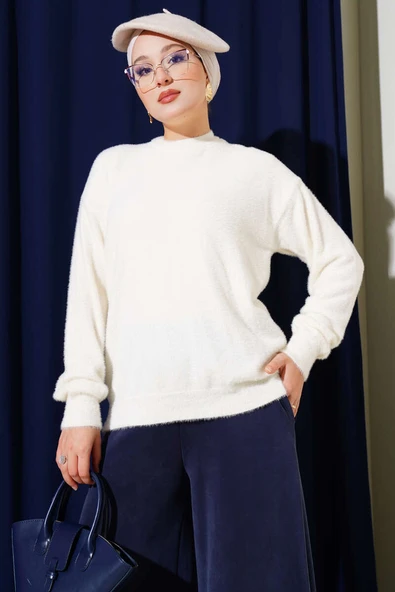 Basic Bisiklet Yaka Sakallı Kazak Ekru ürün görseli 1