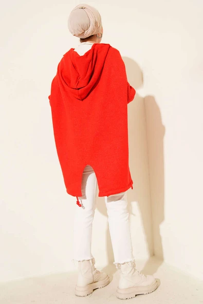 Kapşonlu Çift Cepli Triko Hırka Kırmızı - Resim 3