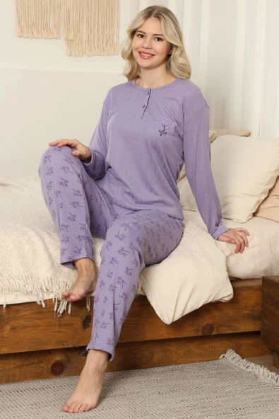 Çiçekli Fitilli Pijama Takımı Lila - Resim 2
