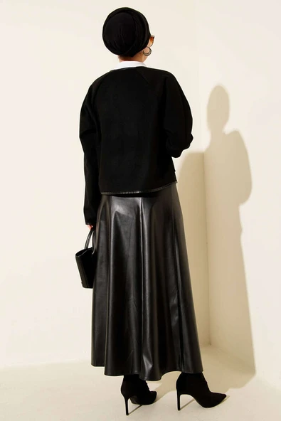 Deri Biyeli Kaşe Kısa Ceket Siyah - 3