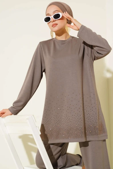 Loyşa Mini Taş Süslemeli İkili Takım Vizon - Resim 2