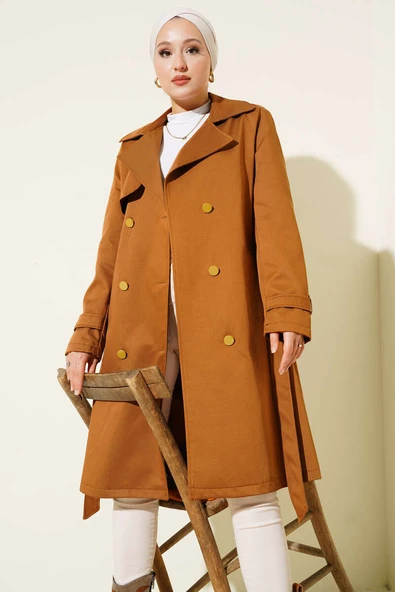 Tek Omuz Apoletli Kruvaze Trençkot Taba - Resim 2