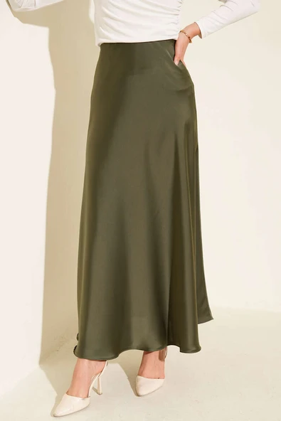 Bel Lastikli Saten Kloş Etek Haki ürün görseli 1