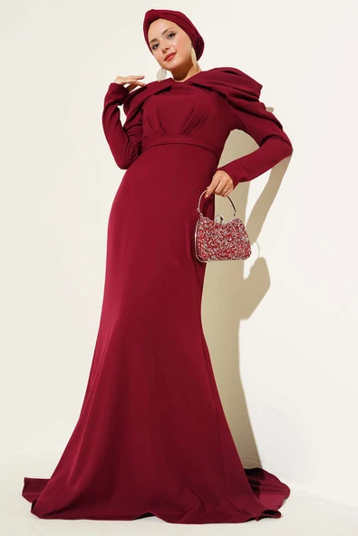 Omuz Büzgülü Dabıl Abiye Elbise Bordo ürün görseli 1