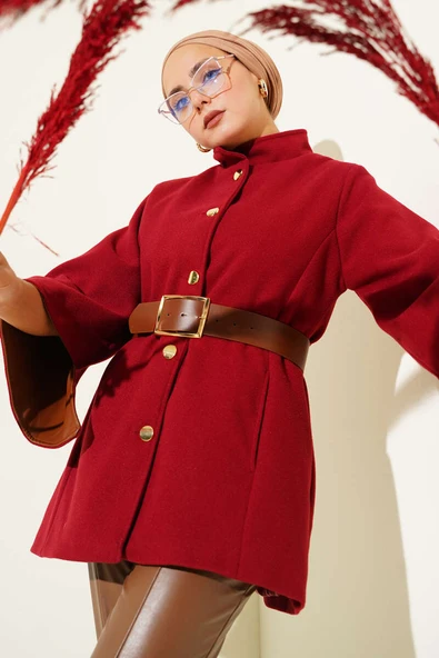 Gold Düğmeli Kaşe Panço Bordo ürün görseli 1