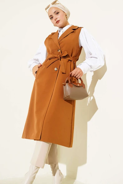 Kuşaklı Sıfır Kol Trençkot Taba - Resim 2