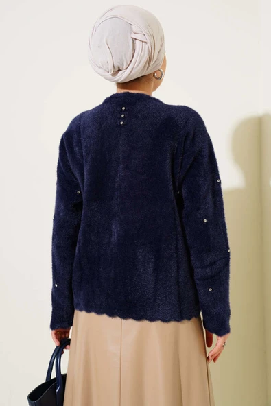 Taşlı Çiçek Düğmeli Sakallı Hırka Lacivert - Resim 3