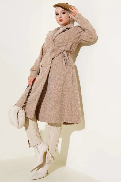 Kruvaze Yaka Kuşaklı Kaşe Kaban Camel - Resim 2