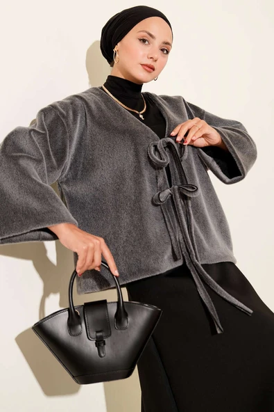 Basic İp Detaylı Sakallı Ceket Gri ürün görseli 1