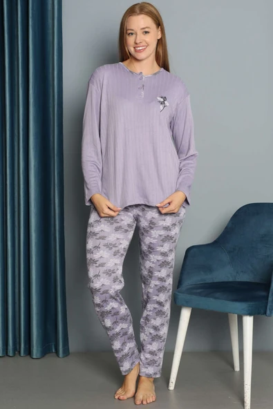 Çiçek Desenli Fitilli Pijama Takımı Lila ürün görseli 1