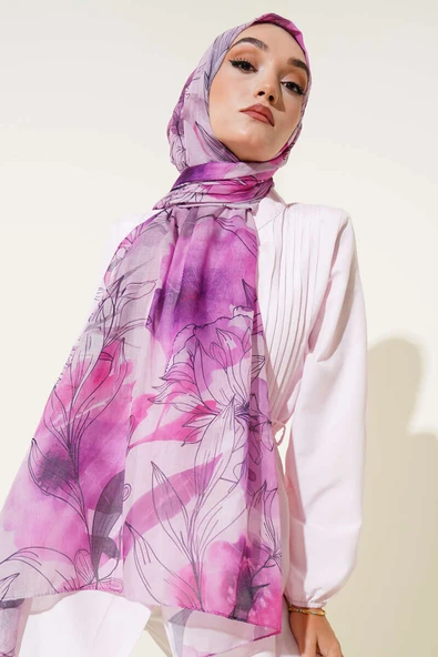 Lilyum Desen Ebruli Şal Fuşya ürün görseli 1