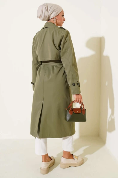 Dört Düğmeli Kruvaze Yaka Trençkot Haki - Resim 3