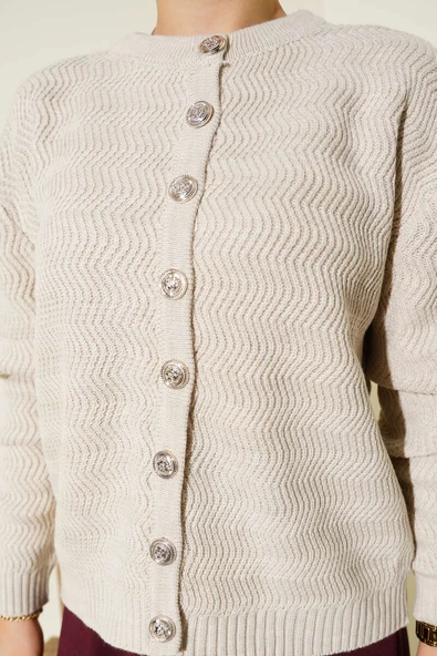 Zikzak Desenli Gold Düğmeli Triko Hırka Bej - Resim 4