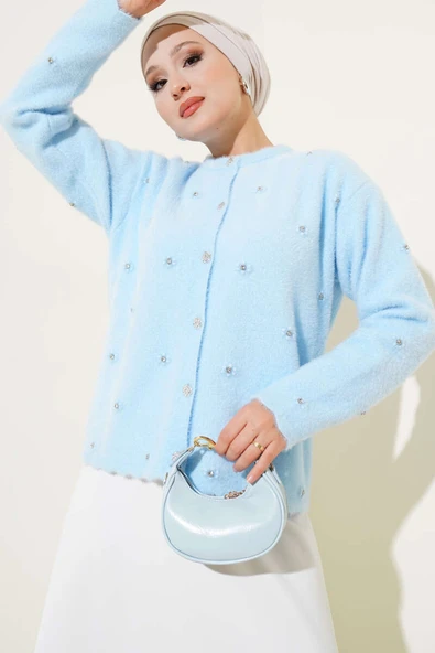 Taşlı Çiçek Düğmeli Sakallı Hırka Mavi ürün görseli