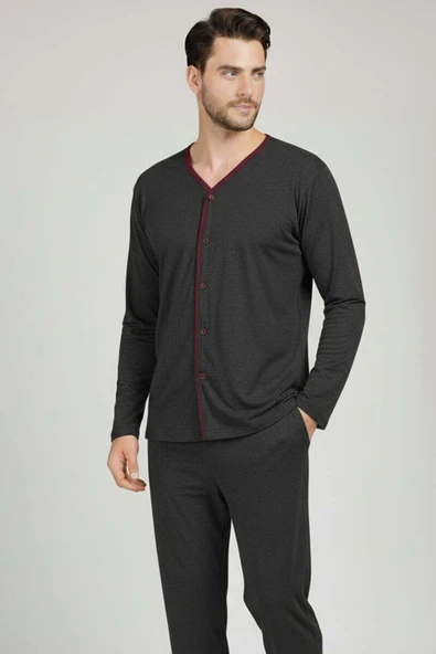 Düğmeli Büyük Beden İnterlok Erkek Pijama Takım Füme - Resim 2