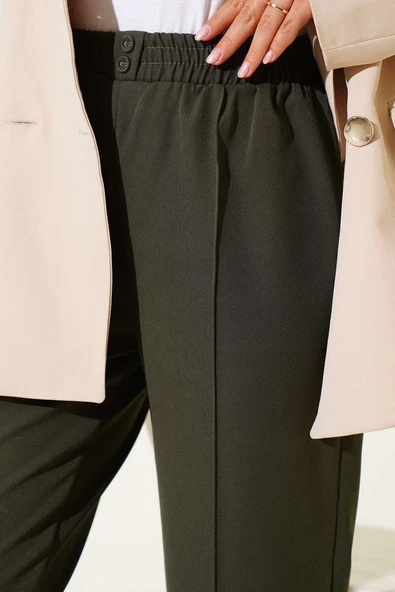 Dar Paça Bel Lastikli Çımalı Pantolon Haki - Resim 4