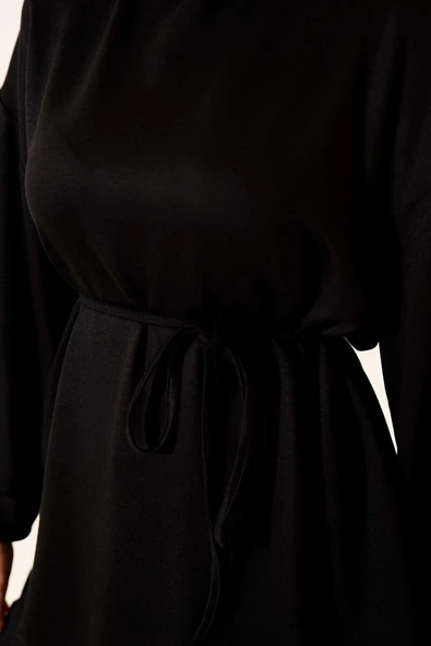 Loyşa Yan Yırtmaçlı Kuşaklı Tunik Siyah - Resim 4
