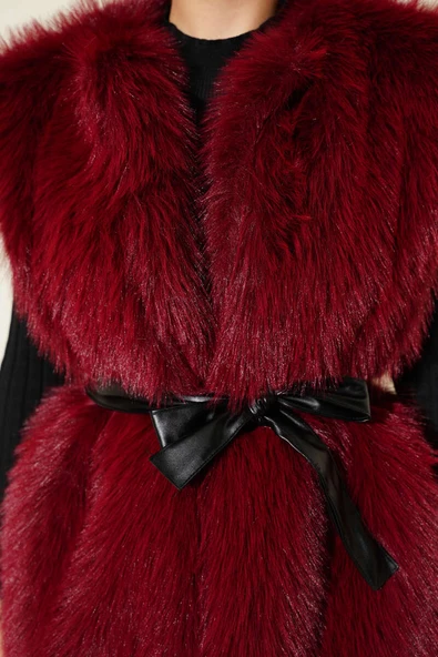 Lolita Peluş Kuşaklı Yelek Bordo - Resim 4