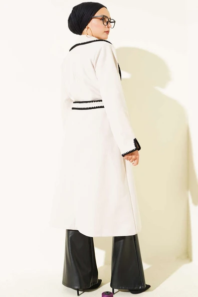 Midye Dikişli Kuşaklı Kaşe Kaban Taş - Resim 3