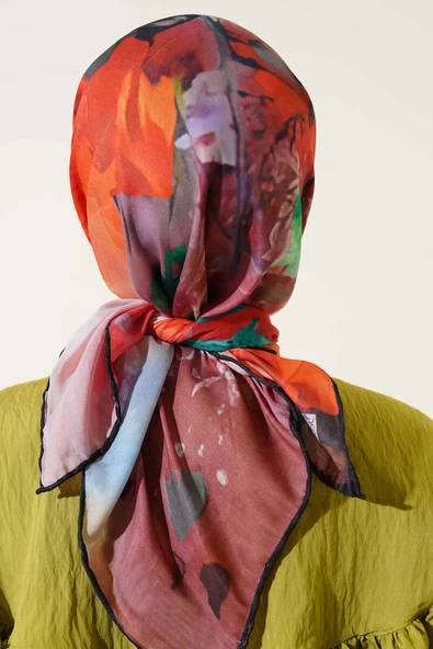 Karışık Ebruli Eşarp Siyah Oranj - Resim 3