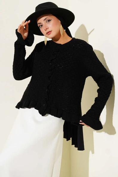 Fırfırlı Düğmeli Kısa Triko Hırka Siyah ürün görseli