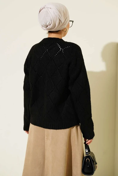 Delikli Baklava Desenli Triko Hırka Siyah - Resim 3