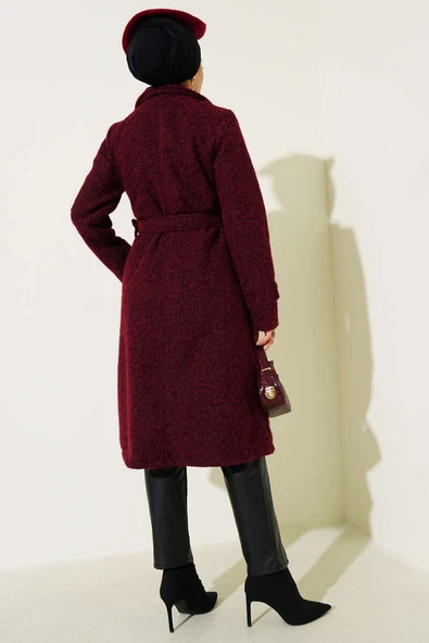 Kruvaze Yaka Kuşaklı Kaşe Kaban Bordo - 3