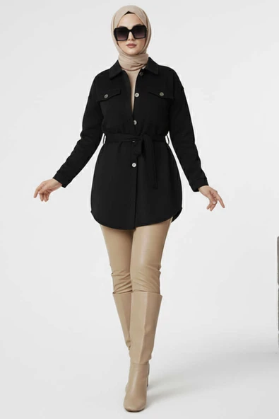 Kuşaklı Düğmeli Kaşe Ceket Siyah - 2