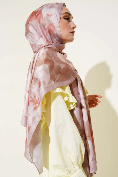 Çiçek Desen Twill Şal Vizon - Resim 3