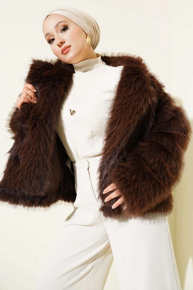 Kürklü Düğmeli Kısa Mont Kahve ürün görseli 1