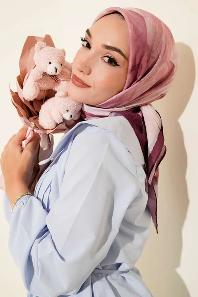 Çiçekli Şeritli Bambu Kraş Eşarp Mürdüm ürün görseli 1