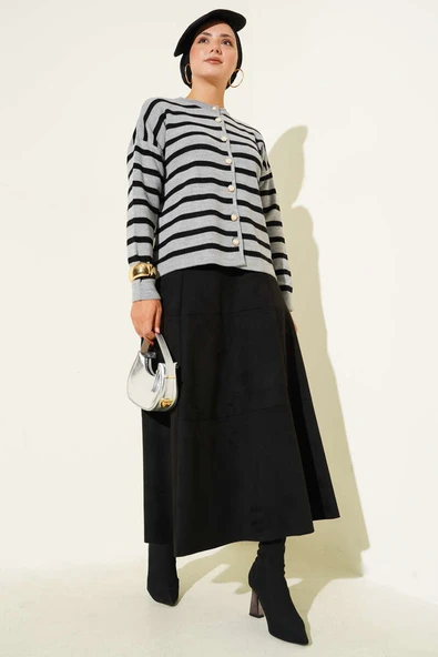 Çizgili Düğme Detaylı Kısa Triko Hırka Gri - Resim 2