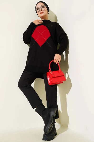 Baklava Çizgi Detaylı Triko Tunik Siyah - Resim 2